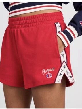 Champion Red Women's Athletic Shorts with Logo Tape Trim